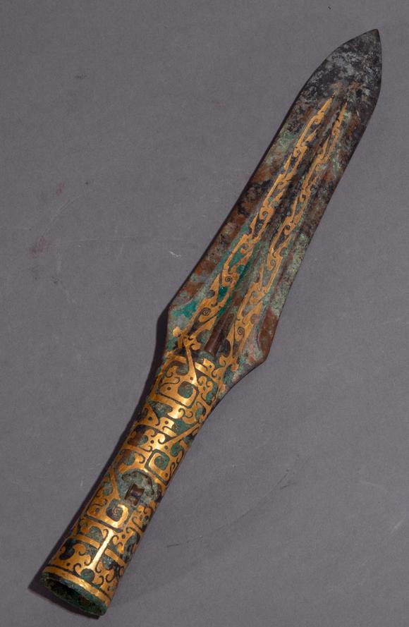 ancient chinese bronze spear inlaid with gold 中国古代错金长矛