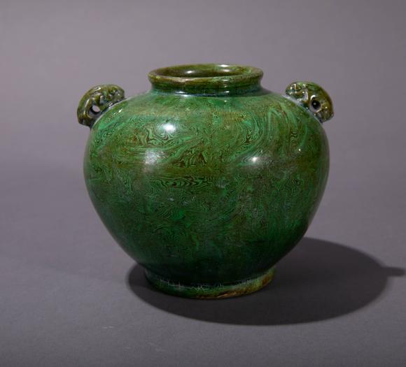 ancientchinesetangtricolorgreenglazedpot中国古代唐三彩绿釉双系罐
