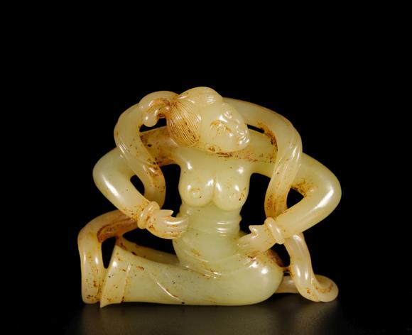 hetian yellow jade in human statue from tang 唐代和田黄玉飞天