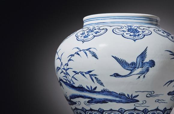 明永乐 青花飞鸣宿食图大罐