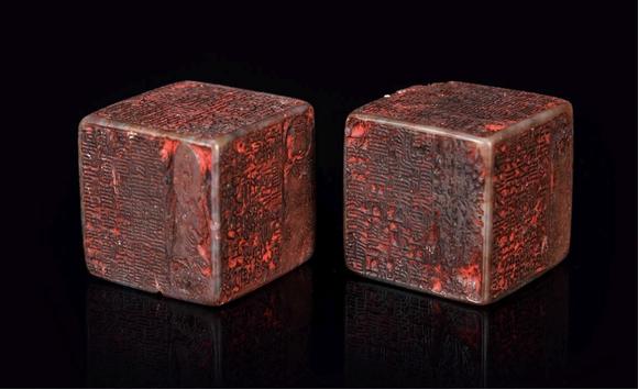 寿山石六面雕刻佛文印章 一对 大觉寺旧藏