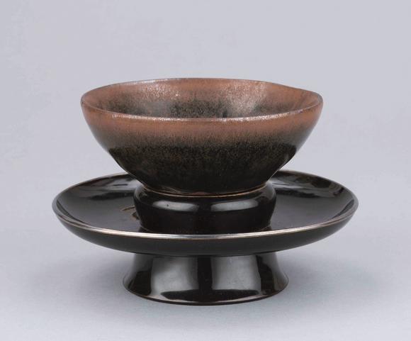 宋代9601279建窑天目小盏包银口黑漆盏托二件一组